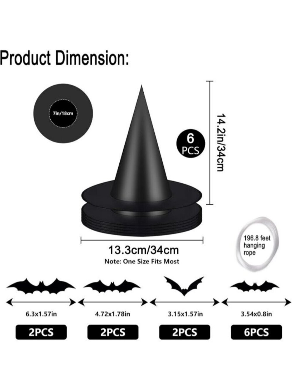 12pcs Halloween Witch Hats + 6 pcs 3D Bats Sticker Costume Accessories for Party - Picture 2 of 5